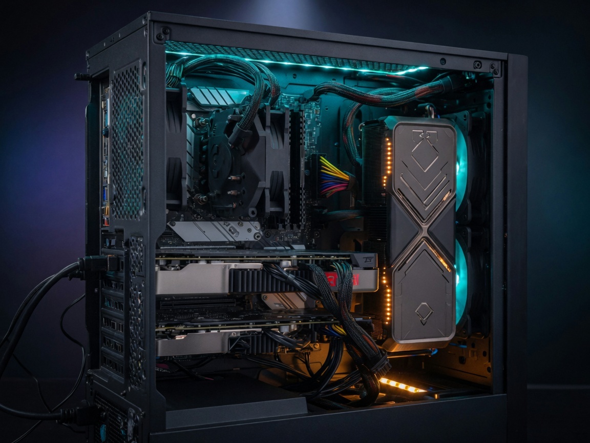 An open workstation case with two large graphics cards installed