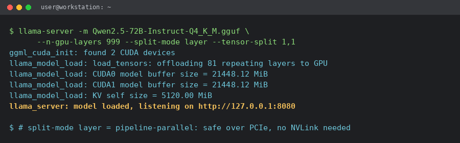Terminal showing llama-server splitting a model across two GPUs