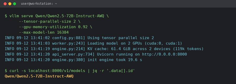 Terminal showing vLLM loading a 72B model across two GPUs
